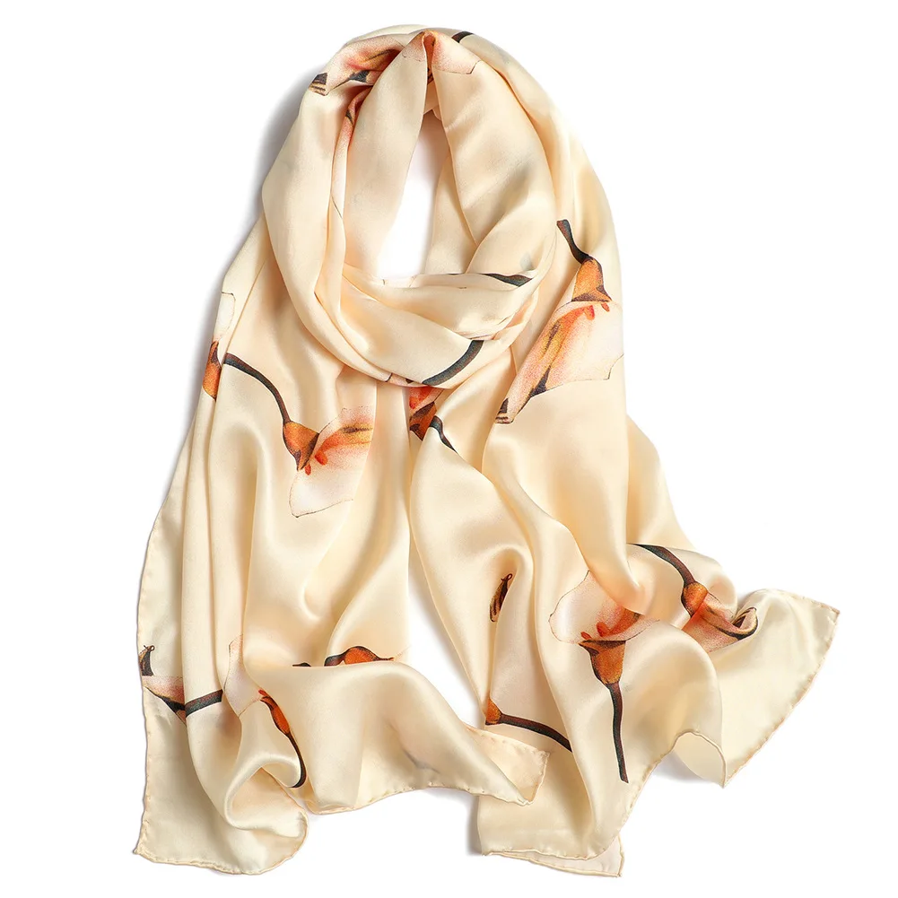 DANKEYISI Women Silk Scarf Floral Print Ladies Long Silk Scarf Shawl Real Silk Beach Shawl Cover Ups Women Silk Scarves Wraps