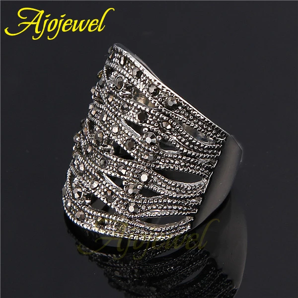 Ajojewel Big Luxuoius Pave Black CZ Retro Women Brand Geometric Ring Femininas Jewelry