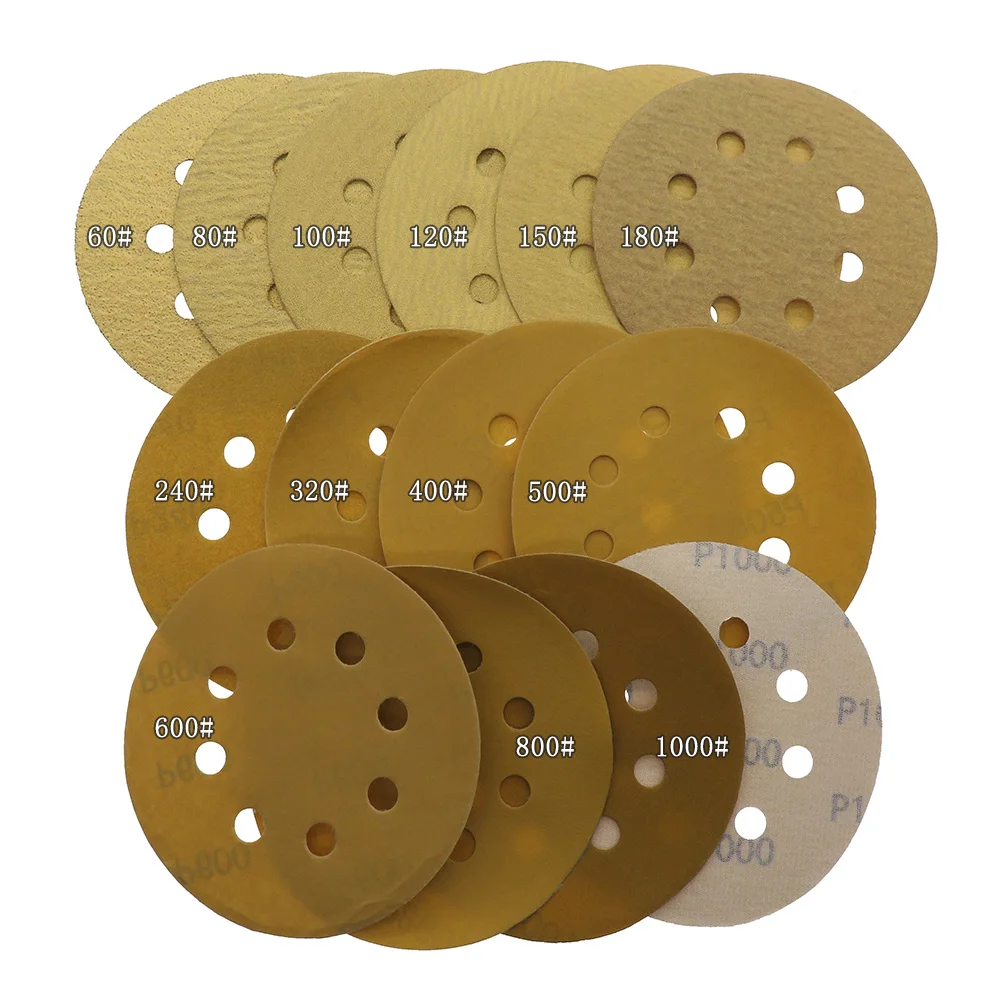 5 นิ้ว 125 มม.กระดาษทราย 8 หลุมอลูมิเนียมออกไซด์ 60 - 1000 Grits Hook และ Loop แห้งกระดาษทรายแผ่นขัดสําหรับโลหะยานยนต์รถ