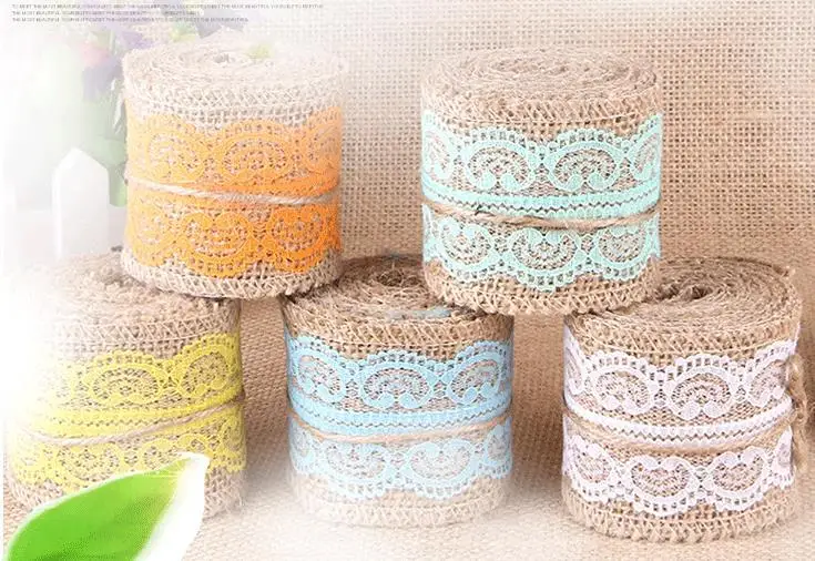 

(W x L)6cm x 2M/Roll 16pcs/Lot Rustic Wedding Gift Decors Natural Hessian Burlap Ribbon with White Lace Jute Roll