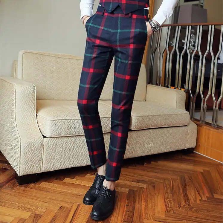 Fashion Men Trousers Red Mens Plaid Suit Trousers Men Dress Pants Slim Fit Plaid Pants Casual Suit Office Business