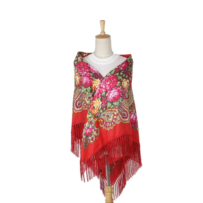 New Red Russia Style National Designs Women Cotton Printing With Four Sides Tassel Large Squar Shawl Scarf Oversize Wrap