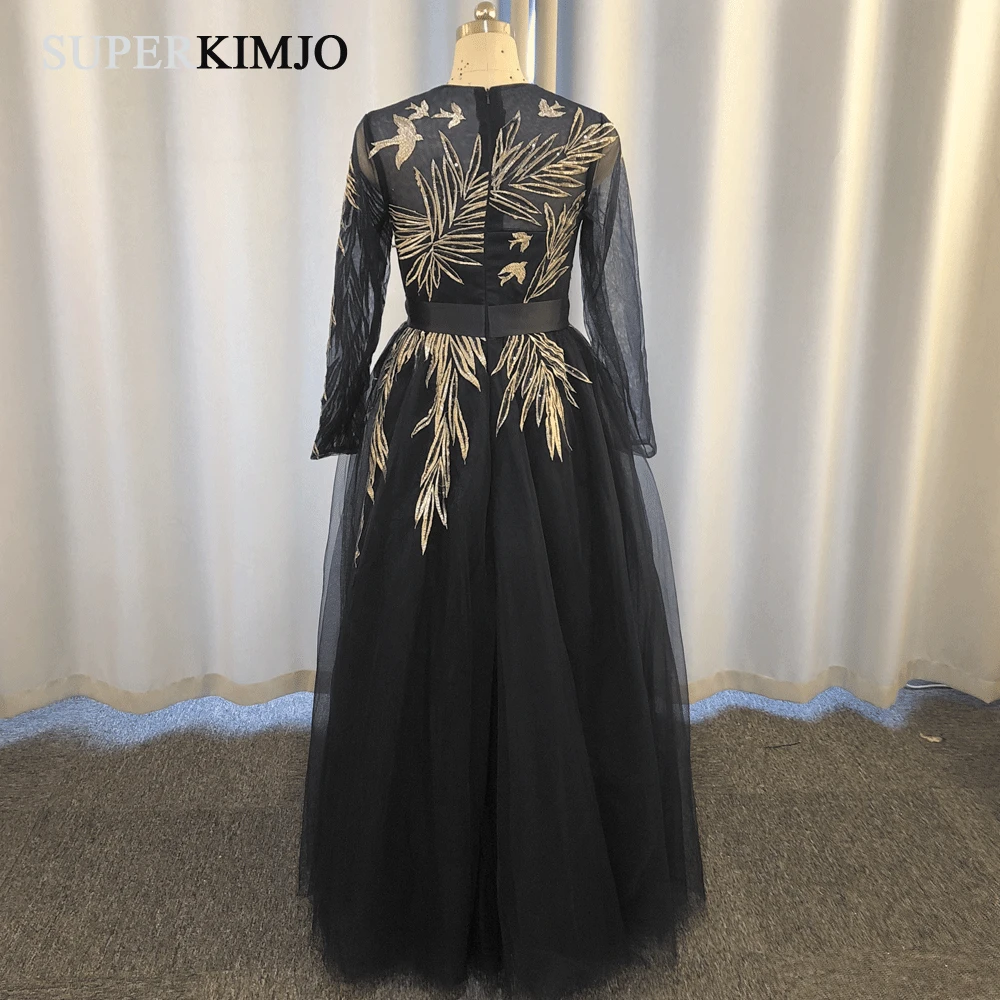 SuperKimJo Robes De Cocktail Vintage Prom Dresses Long Sleeve Embrodiery Applique Elegant Navy Blue Evening Gown Vestidos