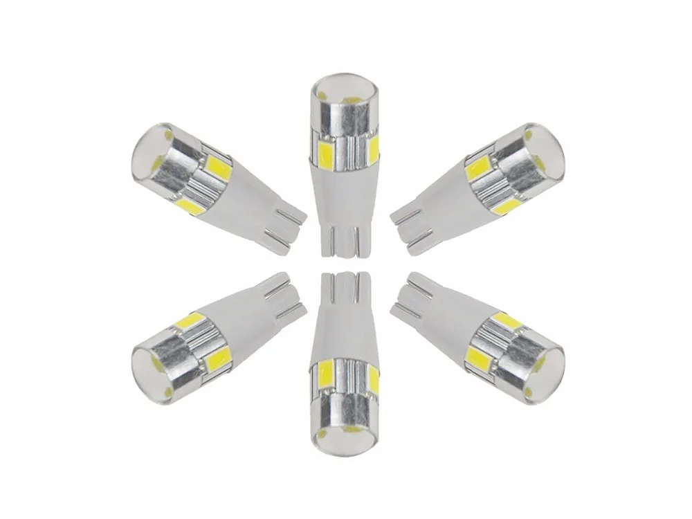 10PCS Nature White/Amber/Red/Ice Blue T10 5630 6SMD 194 168 W5W 192 Wedge Bulbs Car Tail LED light With Lens 6000K 8-25V