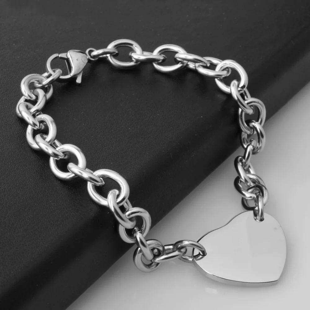 New Trendy 316L Stainless Steel Silver Color Charms Heart Accessory Rolo Oval Chain Women Girl Bracelet Bangle 8\