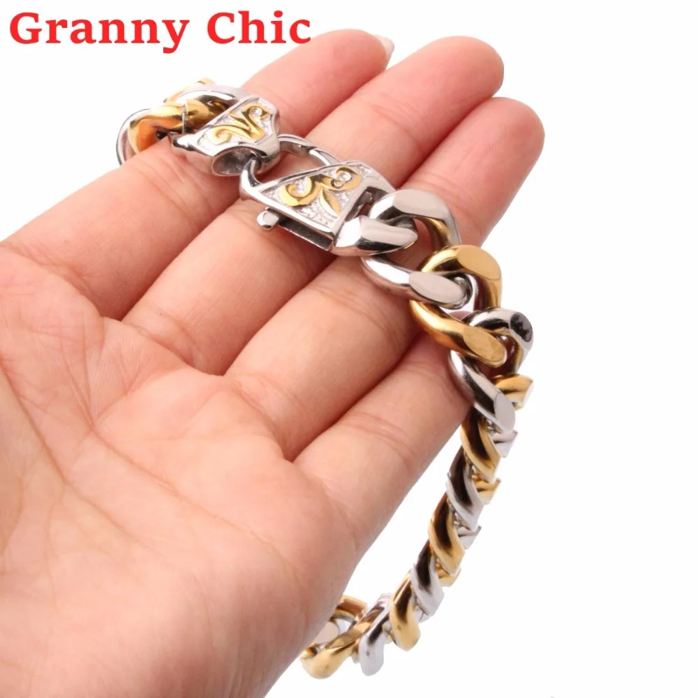 Granny Chic High Quality Jewelry Men Silver Rose Gold Black Color Cuban Link Chain Stainless Steel Bracelet for Bangle Accessory