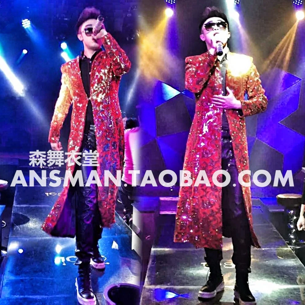 Nightclub bar Male DJ singer ds Stage costumes Outwear Fashion Totem Embroidery Long Umbrella Jacket costumes Performance  wear