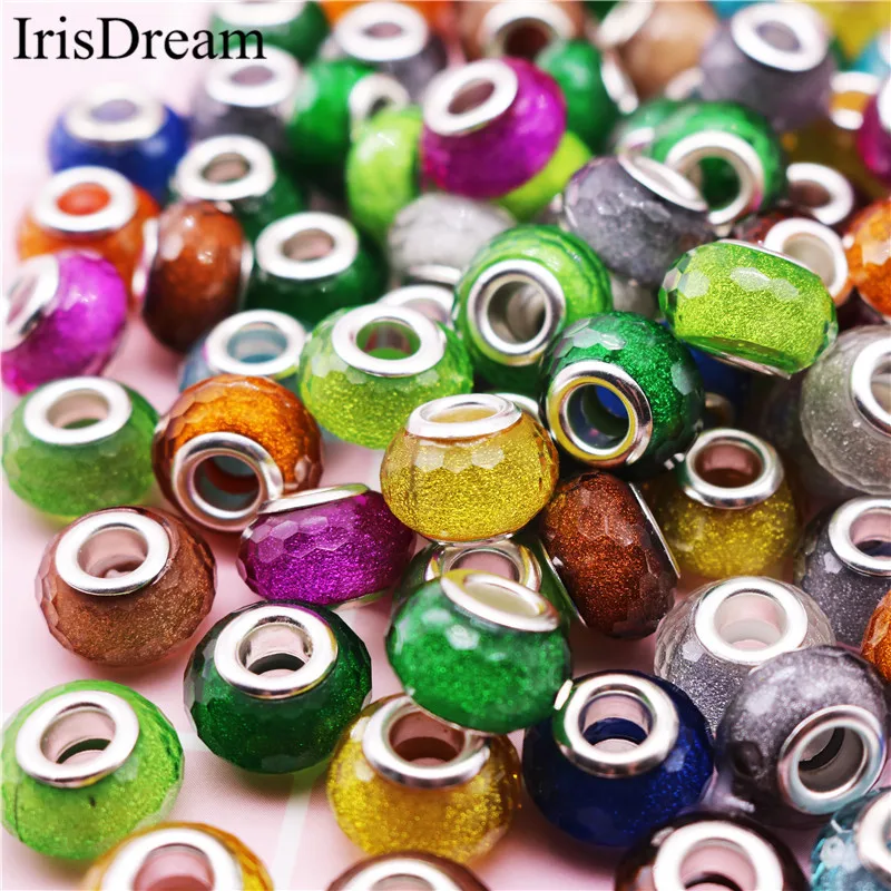 10Pcs/Lot Glitter Powder Cut Faceted Plastic Resin Muranos Spacer Beads Fit Pandora Charms Bracelet For Women DIY Jewelry Making