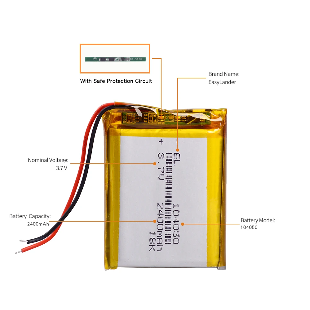 3.7V 104050 2400MAH Rechargeable Lithium Li-ion Polymer Battery for Navigation Mobile Power GIY Vedio Game Speaker E-book