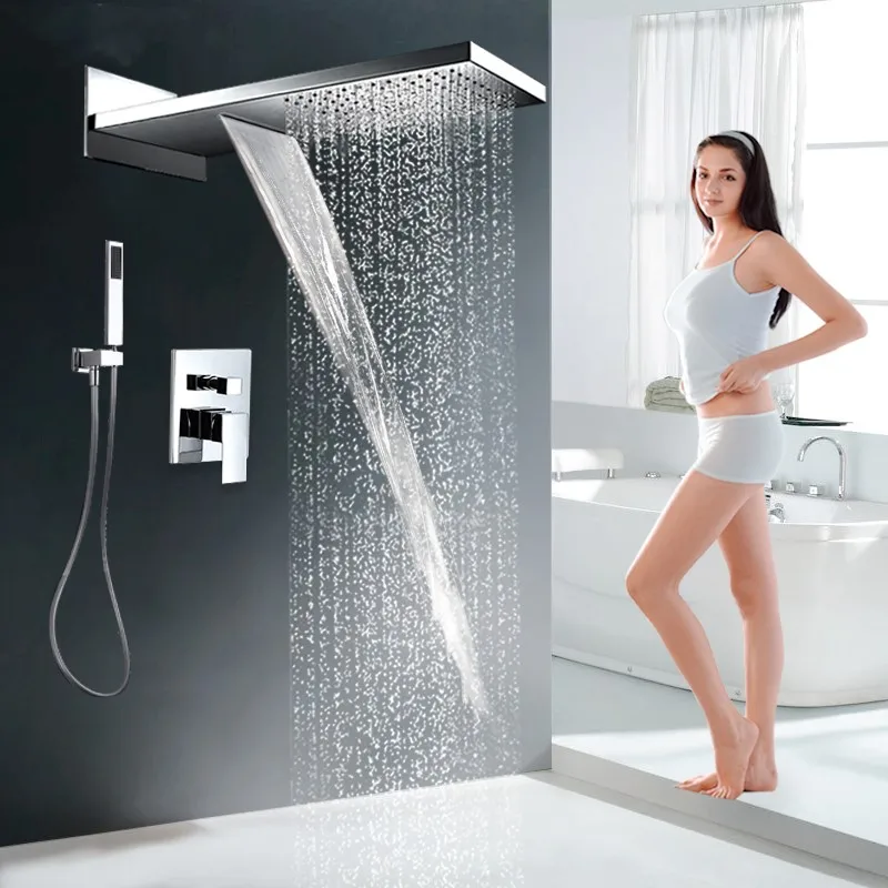 3 functions all brass Bathroom Luxury Rain Mixer Shower Combo Set Wall Mounted Rainfall Waterfall Shower Head System--Chrome