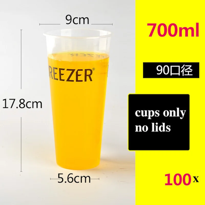 100x Disposable Plastic Cup PP Milk Tea Juice Cups Food Grade 500ml 600ml 700ml no Lids High Transparent