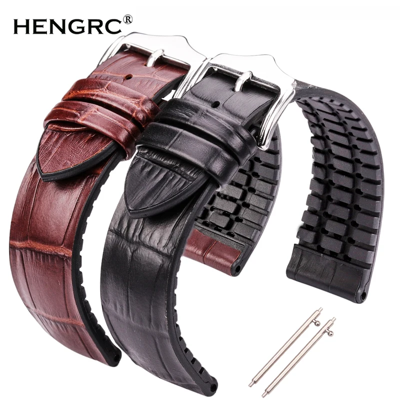 Genuine Leather With Rubber Watch Band 18 20 22mm Black Brown Men Women Waterproof Breathable Watch Strap Accessories