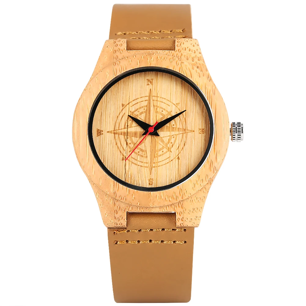 Reloj de mujer delicado marrón ecológico relojes de bambú de cuarzo Natural patrón de diseño de brújula reloj de pulsera de Bambú