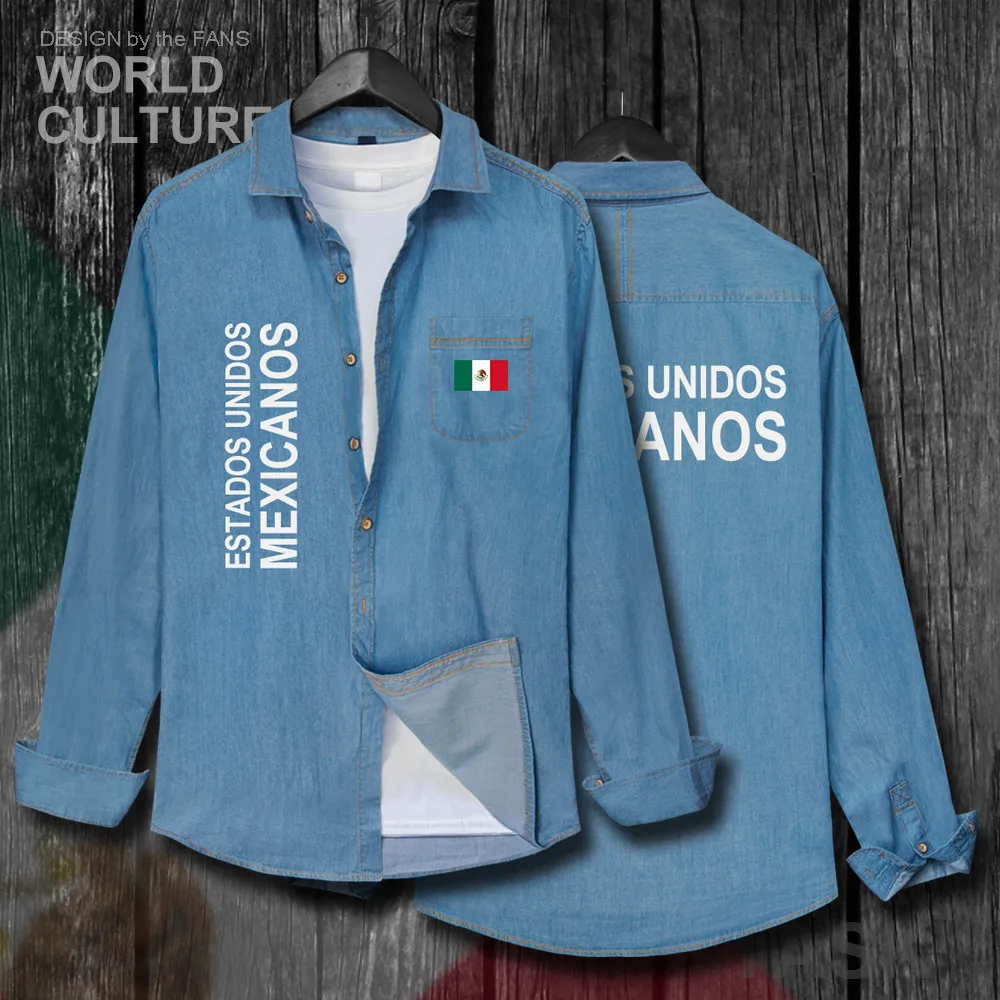 United Mexican States Mexico MX MEX Men clothes Autumn Cotton Turn-down Collar Jeans Shirt Long Sleeve fashion Cowboy flags Coat