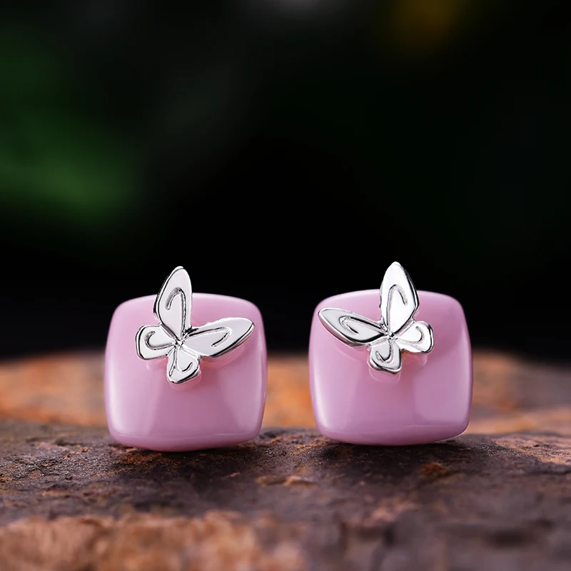 Lotus Fun Real 925 Sterling Silver Natural Ceramics Creative Handmade Fine Jewelry Lovely Butterfly Stud Earrings for Women