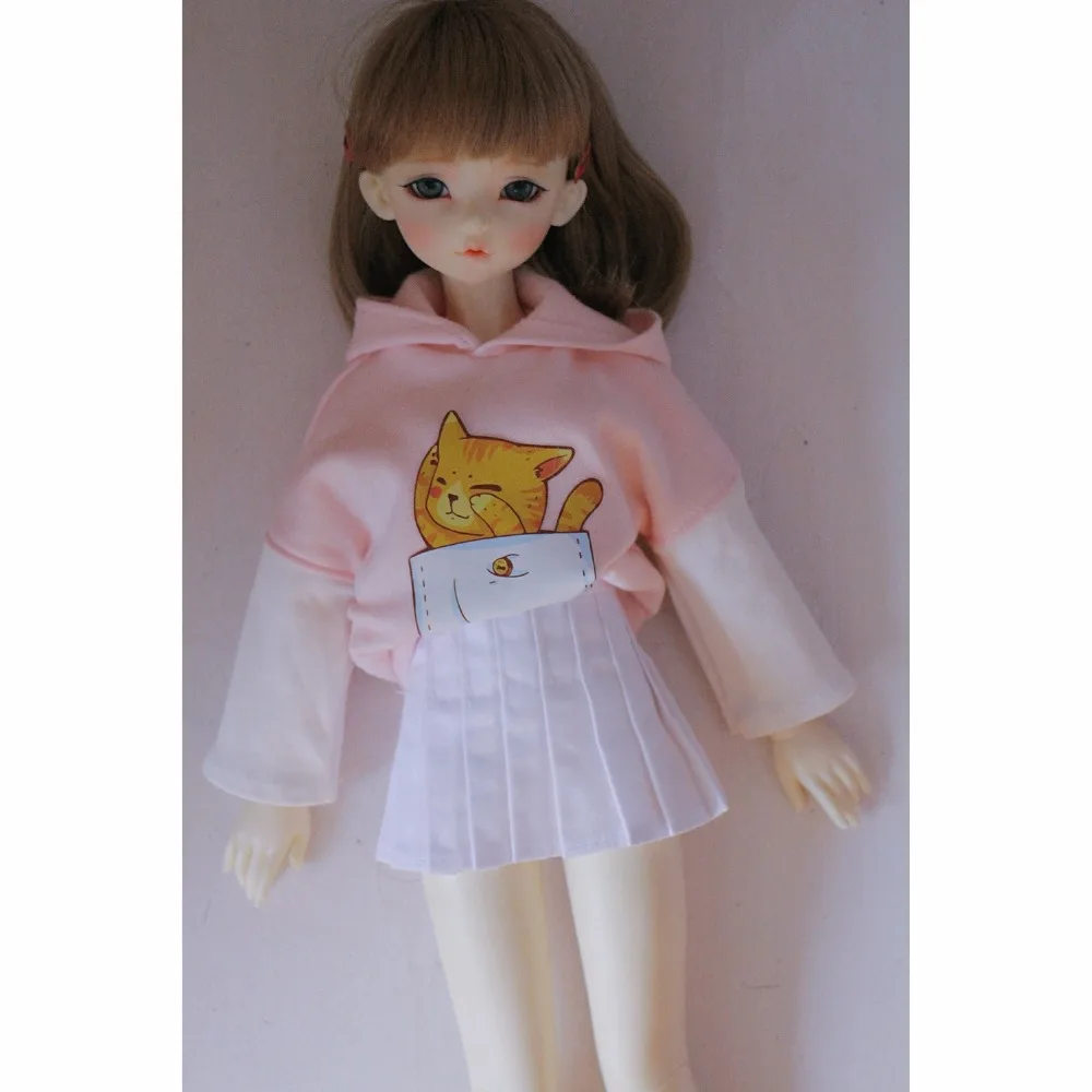 

New Cute Dolls Clothing Long Sleeve Hoodie Cat Fleece white Pleated Skirt for 1/4 1/6 bjd Dolls accessories clothes for dolls