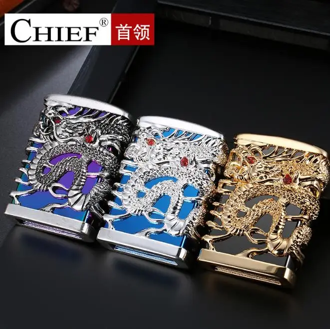 

Chief 3D Caving Dragon Carving Lighter Retro Metal Weel Kerosene Lighter Gasoline Lighter Windproof Men Oil Smoking Lighter