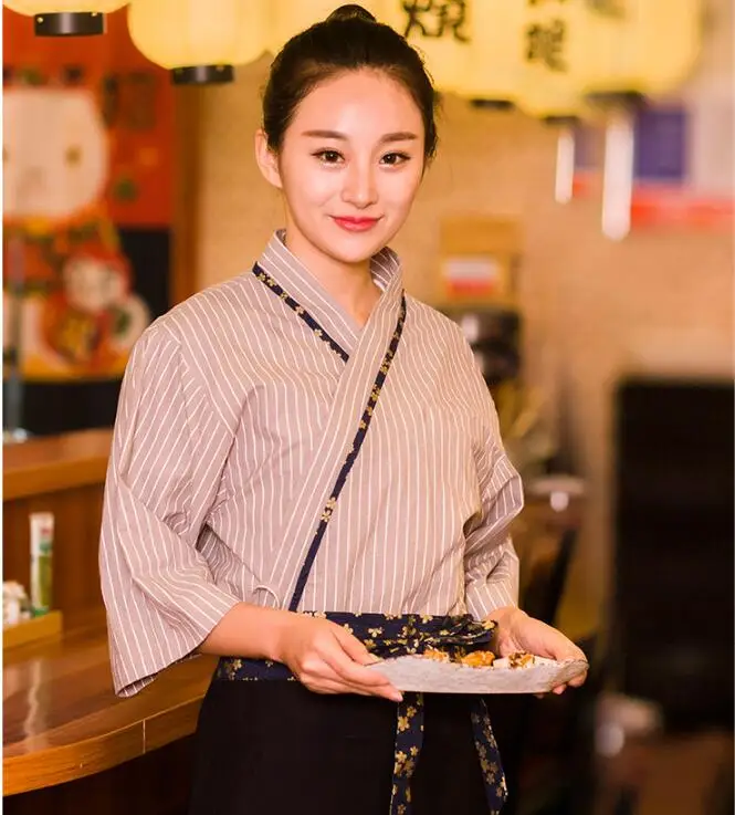 Japanese Cuisine Working Shirt Man&Woman Sushi Chef Uniform Kimono Spring Stripe Cooking Tops