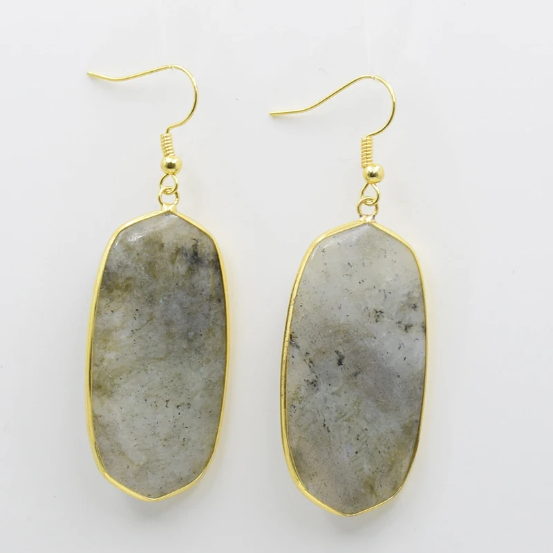 Oval Natural Stone Dangle Earrings Yellow Gold Color Hook Crystal Tiger Eye Black Onyx Lapis Women Female Eardrop Luxury Jewelry