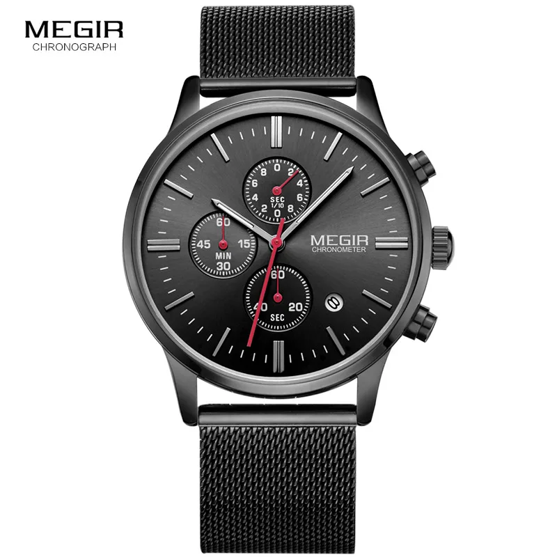 Megir homens relógio de pulso em aço inoxidável, quartzo, com calendário, cronógrafo, luminoso, analógico, negócios, moda, 2011