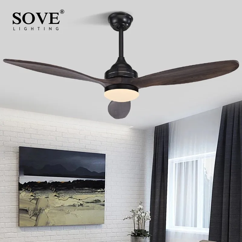 SOVE Black Vintage Wood Ceiling Fan Wooden Ceiling Fans With Lights Decorative Home Fan Lamp Retro Ceiling Fan Remote Control