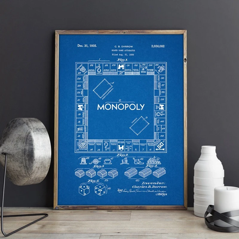 Monopoly Patent Prints Game Wall Art Posters Playing Room Decor Vintage Blueprint Canvas Painting Gift Gaming wall Decorations