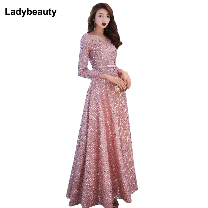 

Ladybeauty 2019 New Simple Sequins Evening Dress Dark pink Long sleeve Floor-length with Belt Long Formal Party Gowns