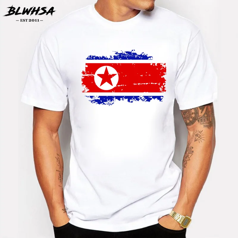 

BLWHSA Nostalgic Style Men's North Korea Flag Print T-Shirt Cool T Shirt Men Summer White T shirt Hipster Tees