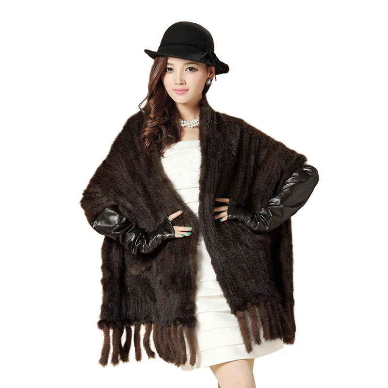 Mink cape fur mink knitted tassel large cape scarf Black mink fur shawl with pocket and fringes Fur scarf