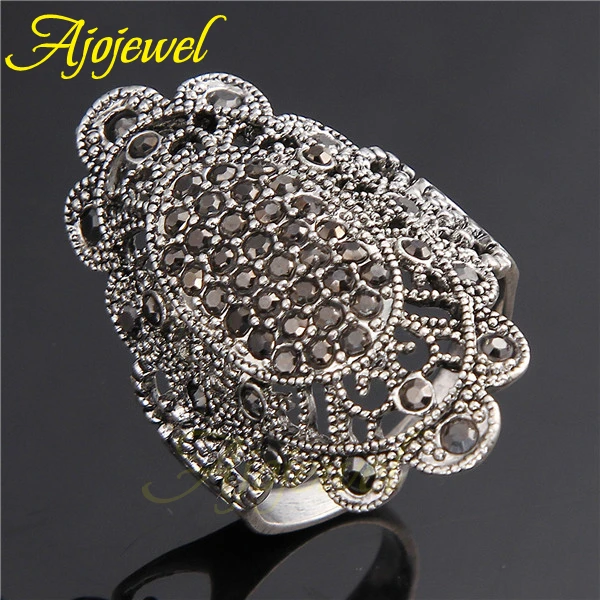 Ajojewel Unique Vintage Jewelry Black Rhinestone Big Rings For Women Ancient Silver Color Female Crystal Party Gift