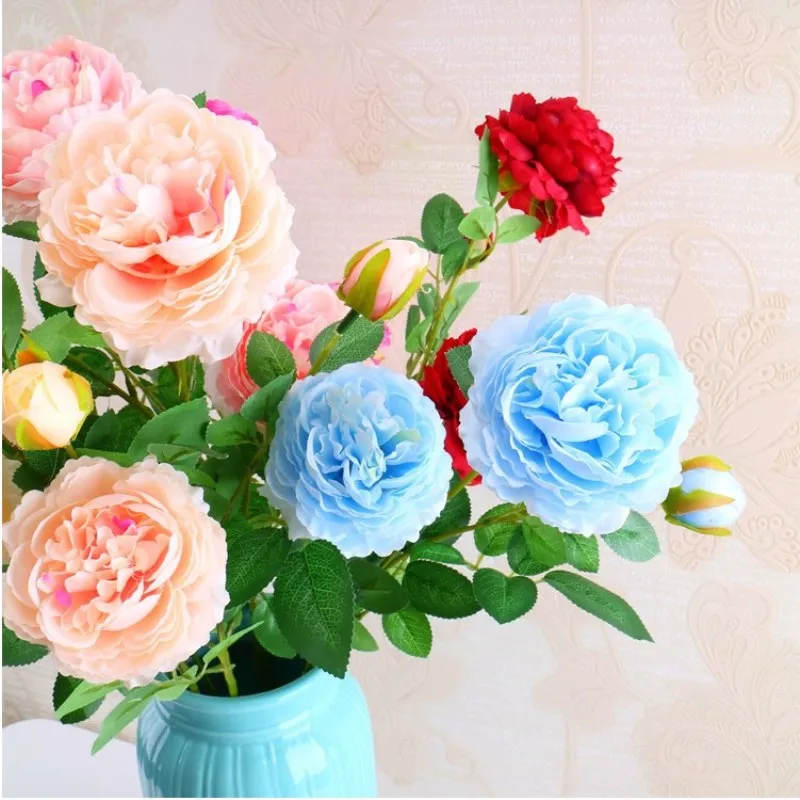 

European Rose Peony 3 Heads Core Artificial Flower Bouquet for Home Ornament and Wedding Decoration Supplies 6 Colors Available