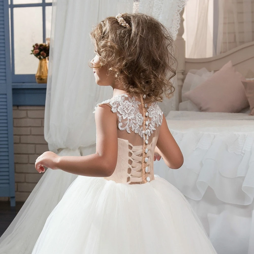 Nuevos vestidos de primera comunión para niñas, vestido de baile de manga larga con apliques de encaje, vestidos de tul para niñas de flores para bodas con banda