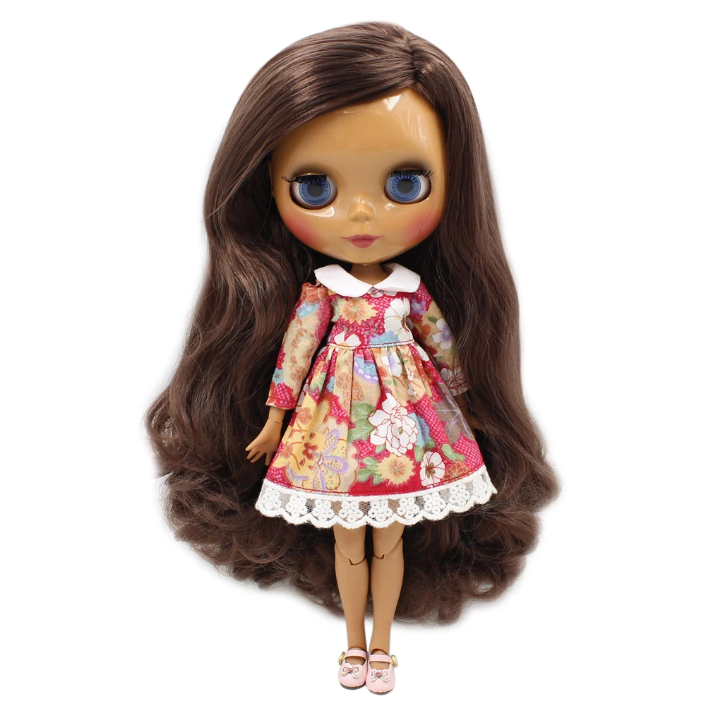 

ICY DBS Blyth doll 1/6 bjd joint body BL0222 Dark brown long curly hair without bangs dark skin for girl toy DIY