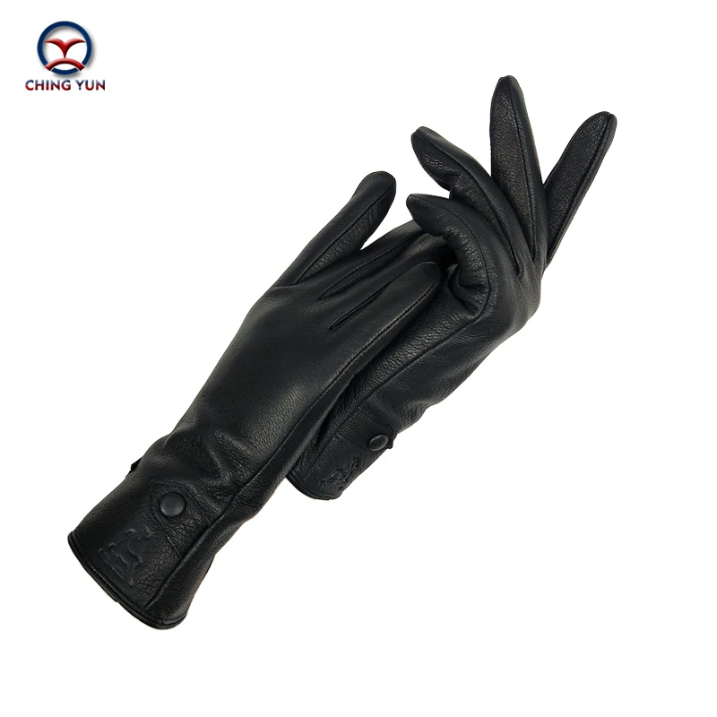 CHINGYUN 2019 New Women's Gloves Genuine Leather BuckskinWinter Woman Flannel lining Female Black about Button fashion Mittens