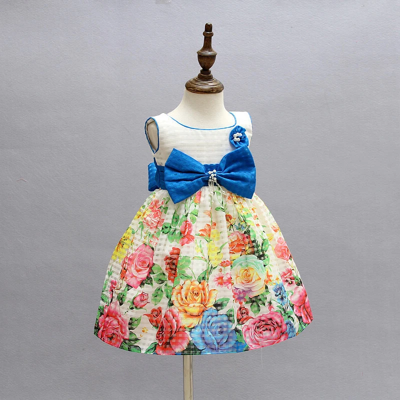 Amazing Flower Print Girl Dress Silk Bow with Pearl Formal Baby Girls Dress for Party Birthday New Year Kids Dresses 2-7T