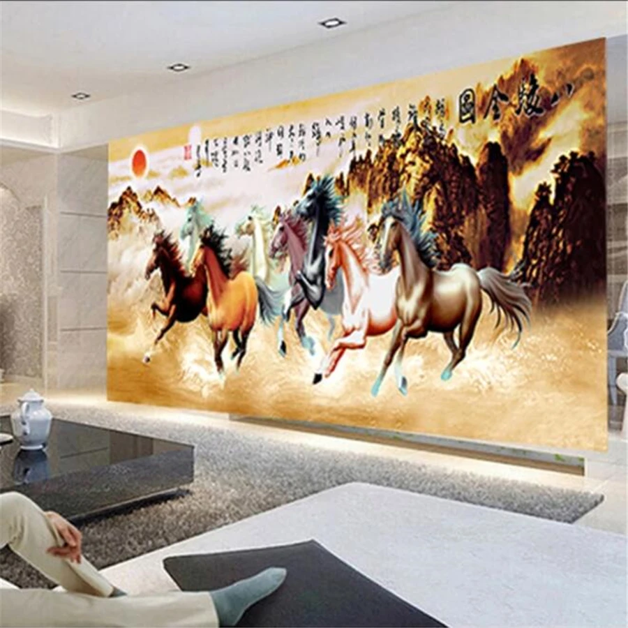 papel de parede Custom wallpaper 3D mural eight horses full picture horse to success eight horse mural TV background wall paper