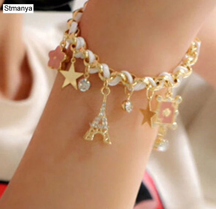 NEW Fashion Rope Chain Decoration Bracelet For Girl multicolor Eiffel Tower star poker Pendant Bangle Wholesale #18040