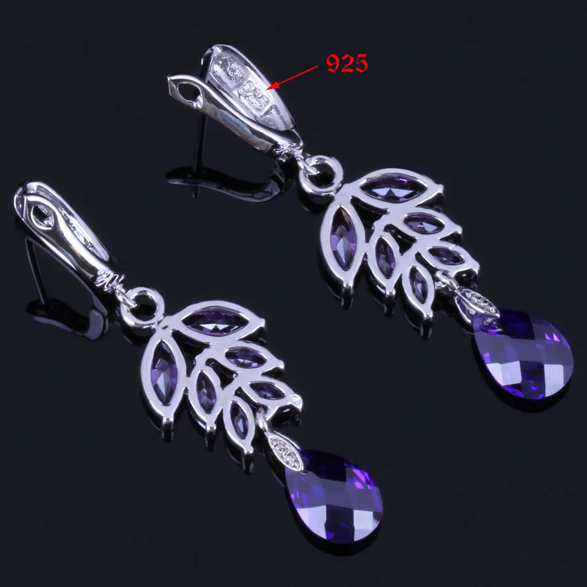 Flawless Water Drop Purple Cubic Zirconia Silver Plated Drop Dangle Earrings V1008