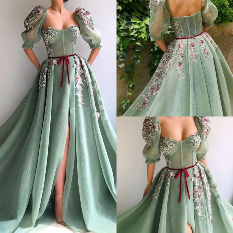 

Attractive Celebrity Prom Dresses Lace Appliques High Side Split A Line Evening Gowns Custom Sweep Train Guest Dress Party