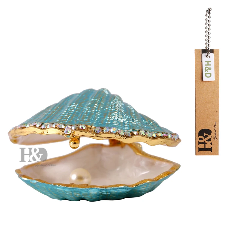 

H&D 2.6'' Hand Painted Enameled Shell Style Decorative Hinged Jewelry Trinket Box Unique Gift For Home Decor (Pearl mussel)