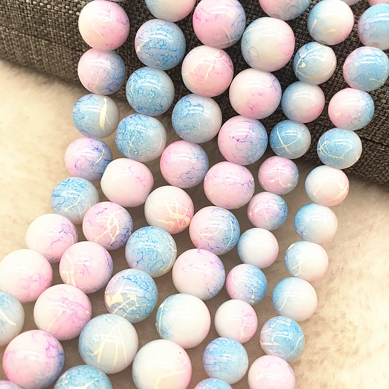 Wholesale 4/6/8/10mm light pink&blue Glass Beads Round Loose Spacer Beads Pattern For Jewelry Making DIY Bracelet Necklace #14