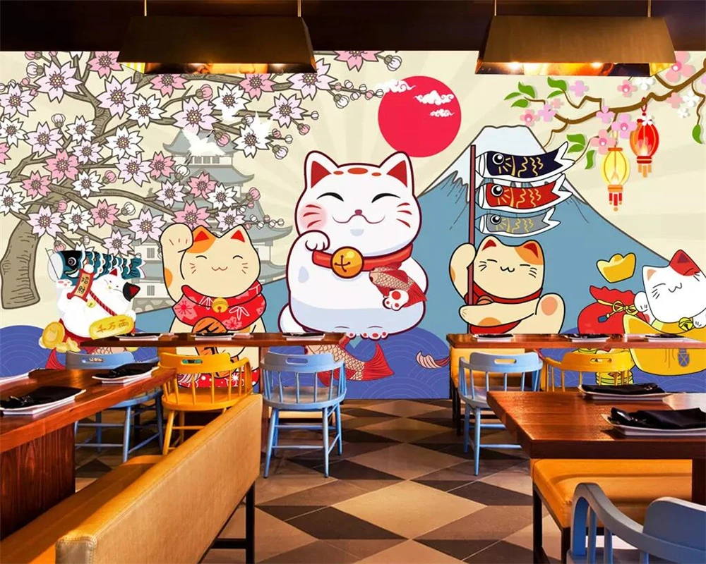 

Beibehang mural Custom wallpaper Japanese sushi lucky cat sushi restaurant Japanese cuisine background wall murals 3d wallpaper