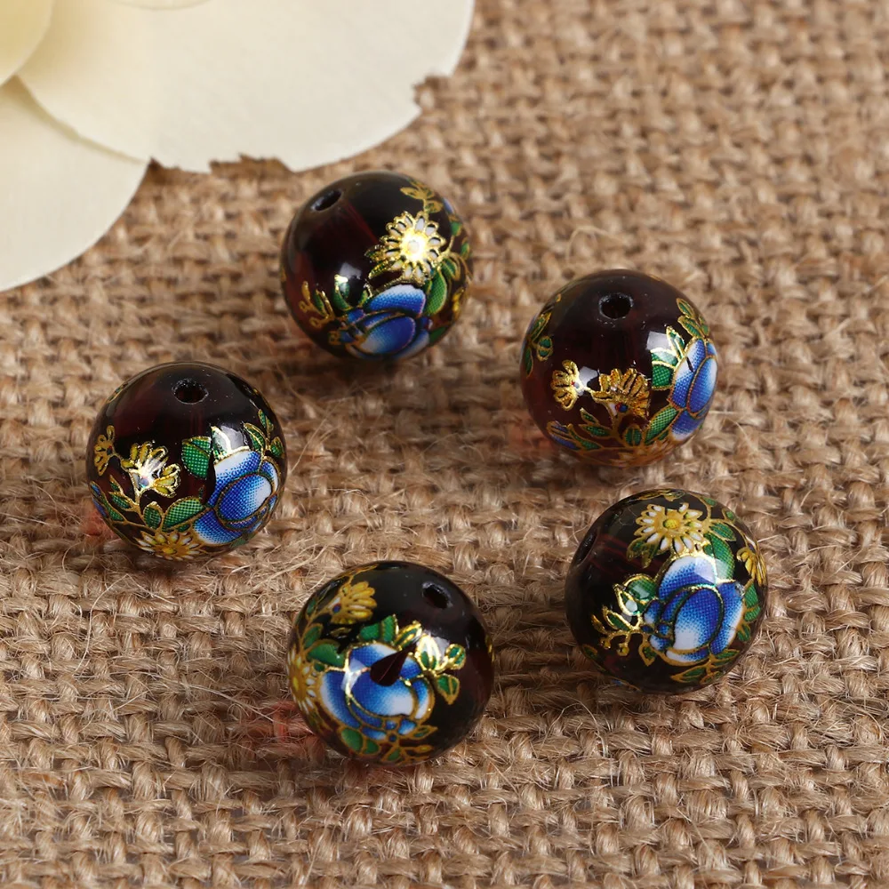 DoreenBeads Glass Painting Vintage Japanese Tensha Beads Round Rose Flower Pattern Imitation Pearl About 12mm( 4/8") Dia, 5 pcs