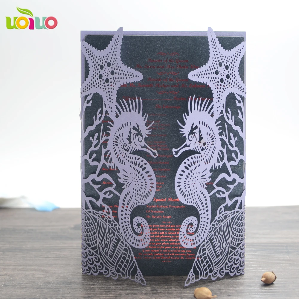 Popular Beach Theme Wedding Decoration Invitation Card Laser Cut Seahorse and Starfish Party Guest Invitation Cards 10sets