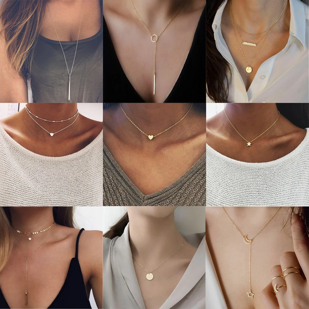 Bohemian Tiny Heart Star Necklace for Women Short Chain Coin Bar Moon Pendant Necklace Gift Choker Necklace