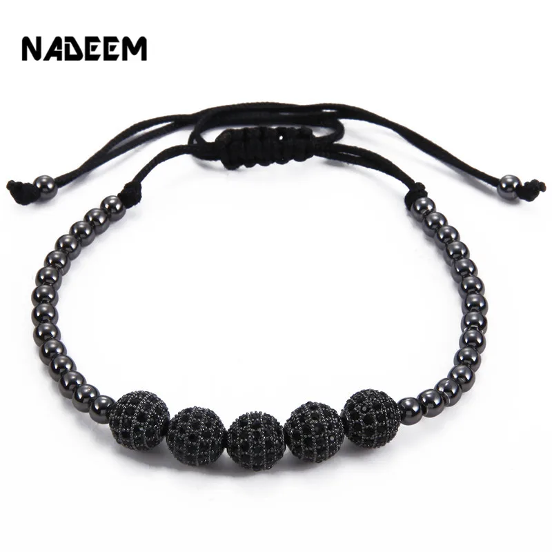 NADEEM Drop Shipping Gold Color Anil Arjandas 8mm Pave Setting Black CZ Copper Ball Bead Braiding Bracelet Women Gift Jewelry