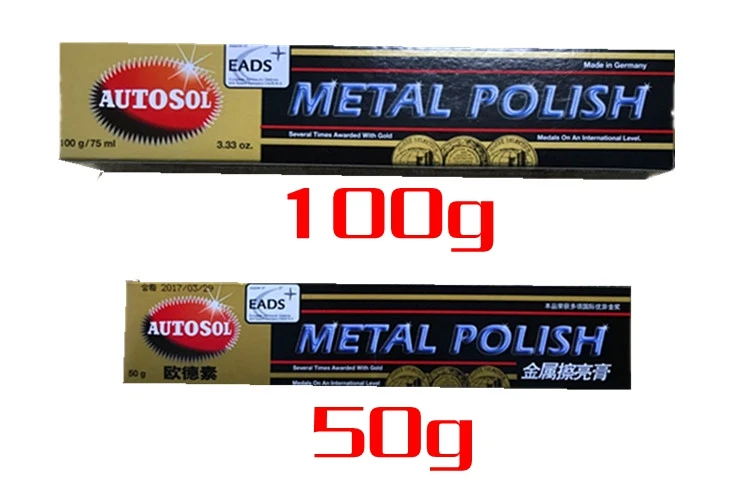 AUTOSOL-pasta de pulido de metal alemana, bolsa de banda de metal para reparación de arañazos, con cremallera, de cobre, de 50 g a 100 g