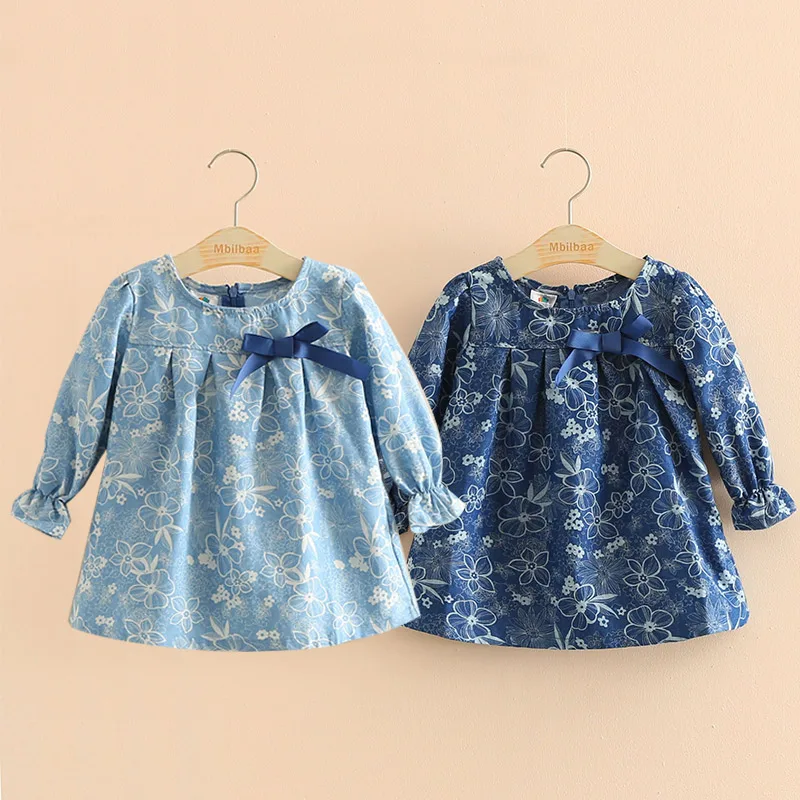 Spring Autumn 2 3 4 6 8 10 Years Child Birthday Gift Long Sleeve Flower Print Blue Colour Bow Cute Kids Girls Blouse Shirt