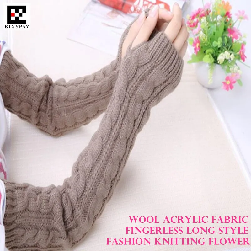 

200p Winter Warm Women&Girl Long Style Gloves,Fashion Wild Wool Knitted Twist Pattern Fingerless Half Finger Gloves Arm Sleeves