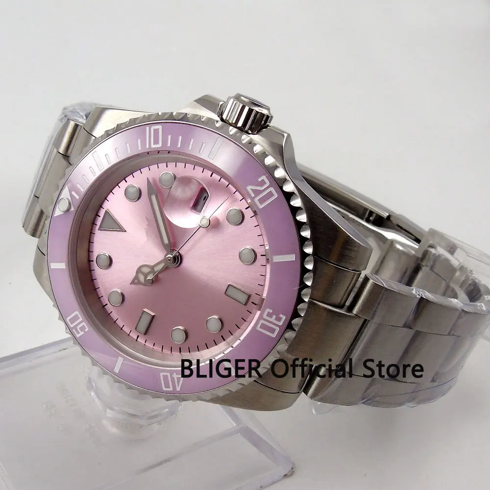 BLIGER 40mm Pink Sterile Dial Luminous Sapphire Glass Ceramic Bezel Insert MIYOTA Automatic Movement Men\'s Watch Men